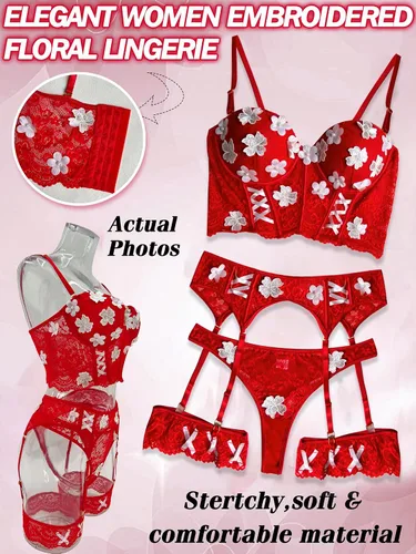 Vista 3 de popiv Conjunto de lencería floral para mujer, brasier y calzón con liguero de encaje