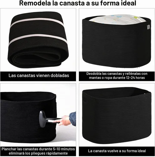 Vista 7 de ICERZCZ Cesta grande de manta negra, cestas de almacenamiento para mantas, cestas tejidas para almacenamiento, cesta de cuerda de algodón tejida