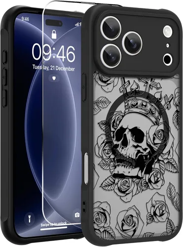 Vista 35 de OOK Funda magnética para iPhone 13 Pro Max [compatible con MagSafe] Funda delgada translúcida mate con flor silvestre negra, protección para lente