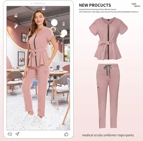 Vista 5 de niaahinn Conjunto de ropa quirúrgica para mujer, uniforme médico, camiseta y pantalones con cremallera y cordón, ropa de trabajo dental