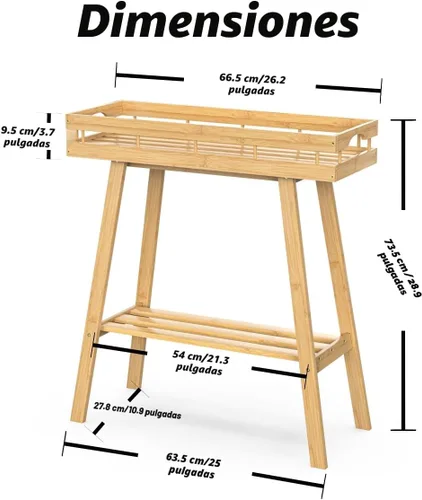 Vista 3 de BAMBANG Soporte de bambú para plantas de interior, mesa pequeña de 2 niveles, soporte alto para plantas de interior, estante para plantas