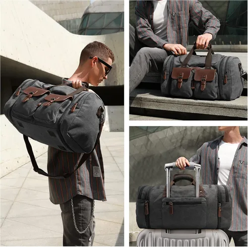 Vista 2 de Wildroad Bolsa de lona de viaje de 50 litros, bolsa de lona expandible de cuero genuino mejorada para el fin de semana durante la noche, Negro