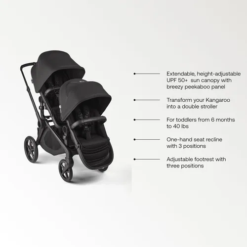 Vista 3 de Bugaboo Kangaroo Sibling Seat para doble conversión de cochecito - Negro Asiento reversible para niños pequeños, reposapiés ajustable, toldo UPF