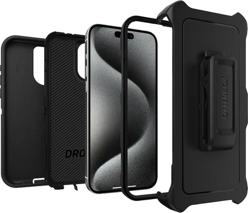 Vista 4 de OtterBox Funda para iPhone 15 Pro MAX (solamente) Defender Series, color negro, sin pantalla, resistente y duradera, con protección de puerto