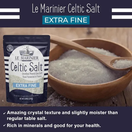 Vista 5 de Le Marinier Sal marina francesa extra fina, 8.81 onzas – 0.6 libras. Sal celta orgánica, 100% natural, rica en minerales, sin refinar, cosechada a