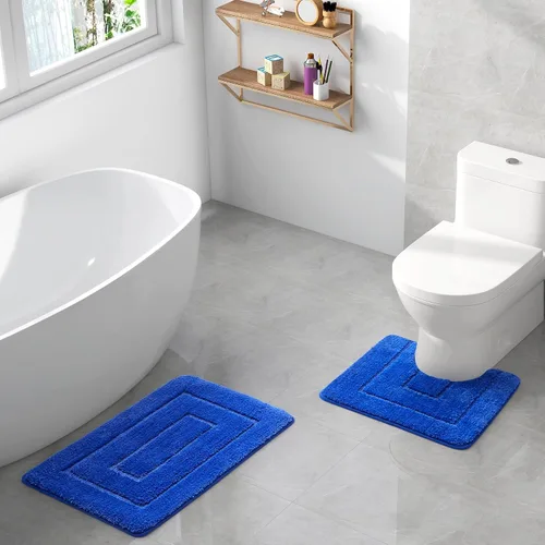 Vista 2 de WPM - Juego de alfombras de baño, toallas y cortina de ducha, juego de alfombras de baño con estampado de enrejado de color azul real
