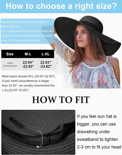 Vista 4 de Sombreros de sol para mujer, de gran tamaño, de ala ancha, sombrero de playa, con protección UV, plegable, enrollable, para viajes, vacaciones