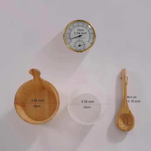 Vista 2 de Kit de cubo y cucharón de madera para sauna, accesorios de sauna con termómetro para cualquier barril o sauna de vapor y spa