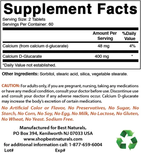 Vista 2 de Best Naturals D-glucarato de calcio 200 mg 120 comprimidos