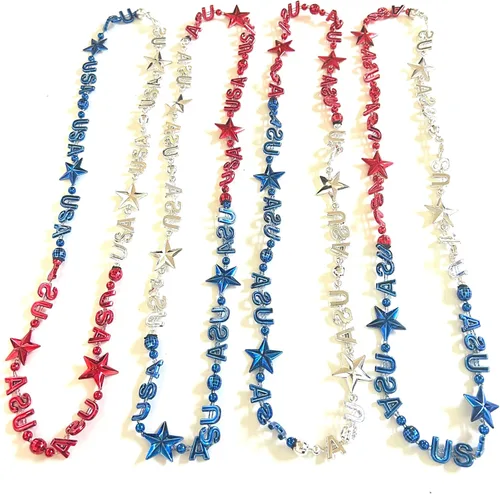 Vista 2 de Collares de cuentas del Día de la Independencia del 4 de julio, accesorios rojos, blancos y azules, joyería patriótica para fiestas (12 unidades)