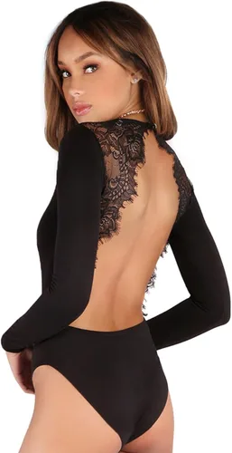 Vista 2 de Body mangas largas DIDK para mujer, sin espalda, con apliques de encaje