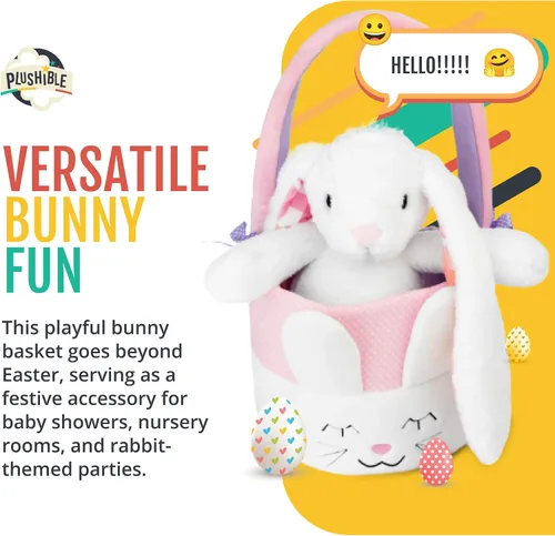 Vista 3 de Cesta de Pascua de conejo de peluche para la primera Pascua del bebé, bolsa de regalo bordada suave para bebé niña o niño, adorable diseño de conejo