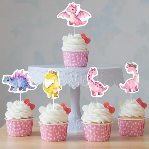 Vista 3 de 48 piezas de decoración de cupcakes de dinosaurio rosa estilo niña, decoración de fiesta de cumpleaños con temática de tres Rex, decoración
