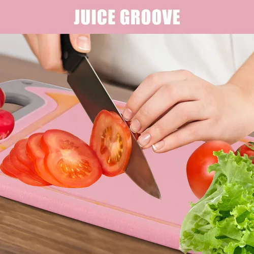 Vista 4 de Juego de 4 tablas de cortar de plástico para cocina, con patas antideslizantes y ranura profunda para jugo, mango de fácil agarre, aptas