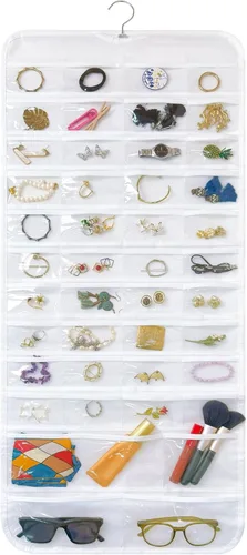 Vista 20 de Bloss Organizador colgante de joyas con 80 bolsillos, colgador de joyas de doble cara para almacenamiento de joyas y aretes, organizadores de joyas