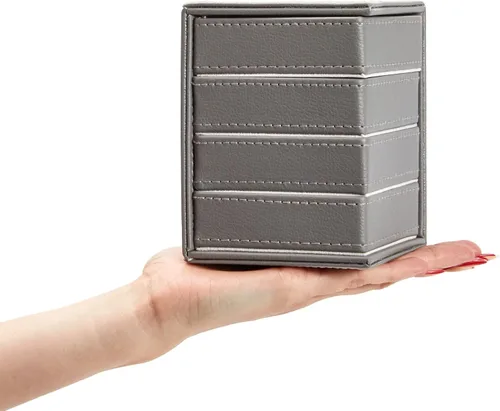 Vista 3 de Organizador de joyas giratorio de 4 capas para hombres, mujeres, caja pequeña de piel sintética para collares, anillos, aretes, pulseras