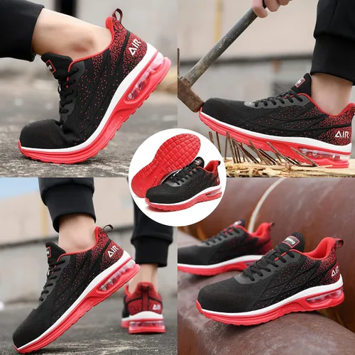 Vista 6 de HiHatide - Zapatos con punta de acero para hombre, zapatos de trabajo, zapatos de seguridad, con amortiguación de aire, ligeros, antideslizantes