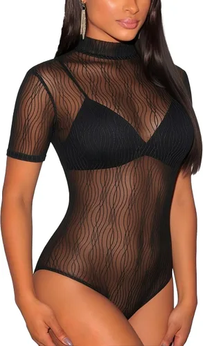 Vista 8 de Lrady Women's Short Sleeve Bodysuit Mesh Sheer Going Out Tops K#1 Negro