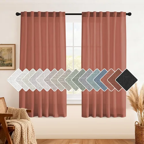 Vista 33 de H.VERSAILTEX Cortinas de lino natural de 63 pulgadas de largo para sala de estar, 2 paneles con trabillas traseras y bolsillo, texturizadas