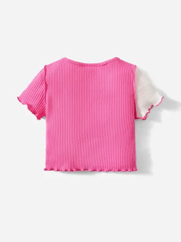 Vista 2 de MakeMeChic Camiseta de manga corta con ribete de lechuga y bloque de color para niña