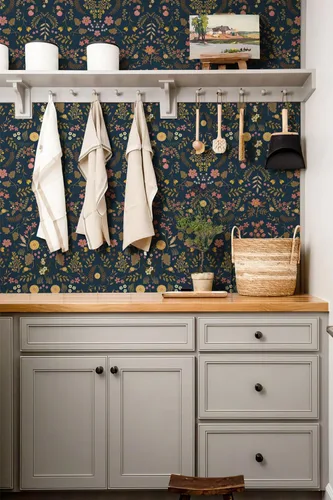 Vista 5 de Simon&Siff Papel Tapiz Floral Despegar y Pegar Azul Marino Bohemio Papel de Pared 60" x 17.3" Azul Oscuro Flores Florecientes Flores Silvestres
