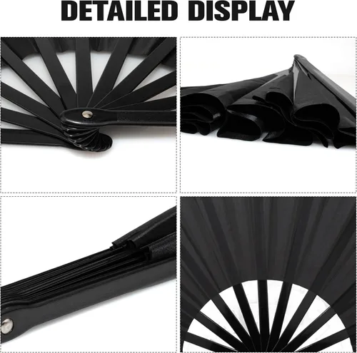 Vista 5 de QIRMIZI Abanico plegable grande de 10 piezas para rave de mano, abanicos para Kung Fu, Tai Chi, Danza, Festivales de Música, Carnavales, bodas, Negro