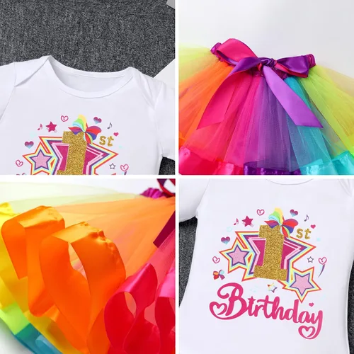 Vista 39 de IBAKOM Conjunto de ropa de 3 piezas para bebé niña de 1er cumpleaños + tutú de tul de princesa arcoíris + diadema con lazo, conjunto de ropa de 3