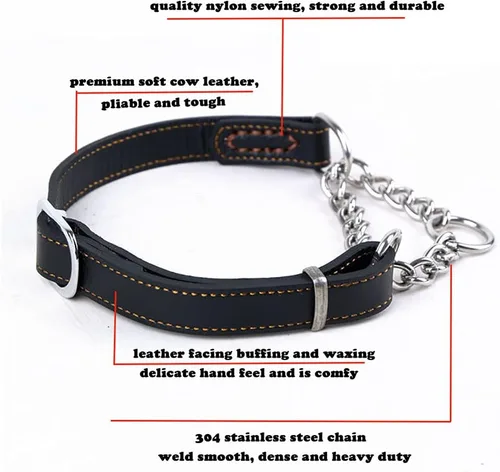 Vista 2 de Love Dream Martingale - Collar de cuero para perros de entrenamiento, cadena de acero inoxidable antiescape, sin tirones, para perros pequeños, Negro