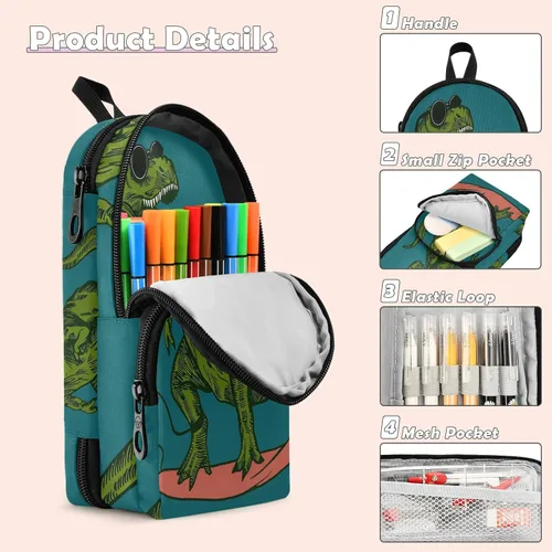 Vista 4 de Estuche para lápices de surf de dinosaurio verde de gran capacidad, con compartimento, organizador de papelería con forma de mochila escolar para G10