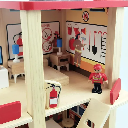 Vista 2 de Juego de estación de bomberos de madera, casa de muñecas con accesorios