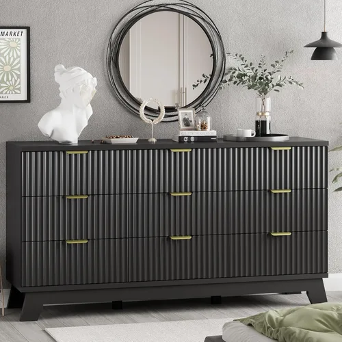 Vista 40 de Cómoda acanalada para dormitorio con 3 cajones, cómoda moderna de 24 pulgadas de ancho con mango de metal, soporte de TV de madera, armario de Negro