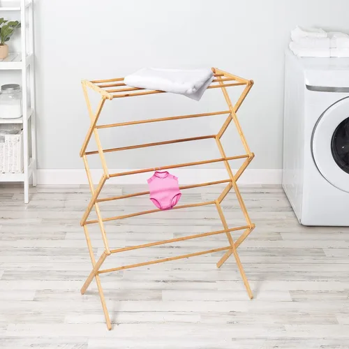 Vista 4 de Estante de secado plegable de bambú – Soporte de secado de ropa plegable para uso en interiores y exteriores – Perchero de ropa que ahorra espacio