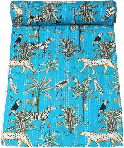 Vista 23 de Marubhumi Edredón tradicional indio de algodón puro con estampado de selva Kantha, funda de cama, colcha Kantha con estampado de animales, Negro
