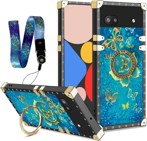 Vista 45 de nancheng Funda para Google Pixel 6 de lujo, diseño de abeja, corazón y abeja, chapado en oro, con anillo de diamante de 360°, correa de cordón