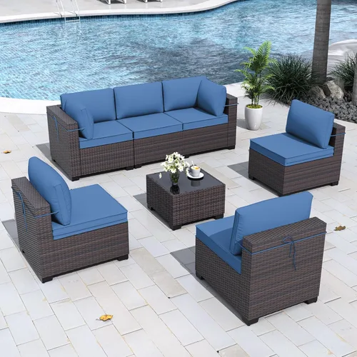Vista 38 de Gotland Juego de muebles de patio de 6 piezas con 1 mesa auxiliar, 5 plazas de ratán seccional para exteriores con reposabrazos anchos de 29.5 Gris