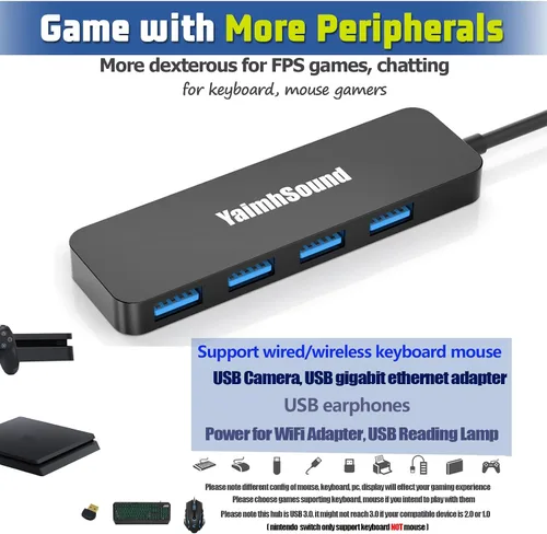 Vista 5 de Hub USB 3.0 de 4 puertos, divisor USB T-Sound para laptop, adaptador de teclado y mouse PS4 para Dell, Asus, HP, MacBook Air, Surface Pro, Acer