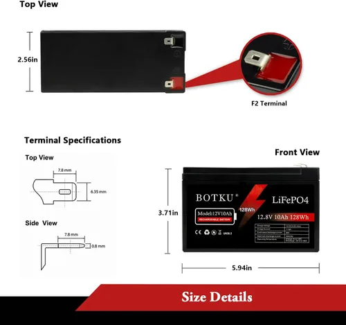 Vista 2 de Batería de litio LiFePO4 de 12 V y 10 Ah de ciclo profundo, batería recargable de fosfato de hierro y litio de 3000+ ciclos con BMS de 10 A