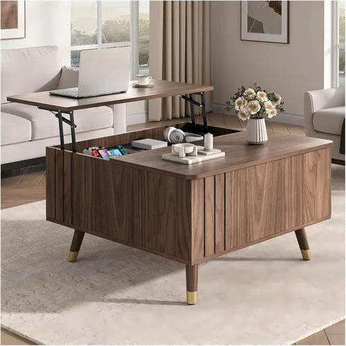 Vista 18 de Mesa de centro elevable con almacenamiento, mesa central negra de 32 pulgadas para sala de estar, mesa de comedor cuadrada con patas de madera maciza