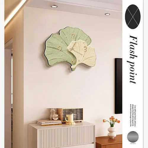 Vista 6 de Decorative Wall Clocks for Living Room, Large Wall Clock, 3D Wall Art Kitchen Clock, Ginkgo Leaf Sculpture for Bedroom Office(Green,Large)