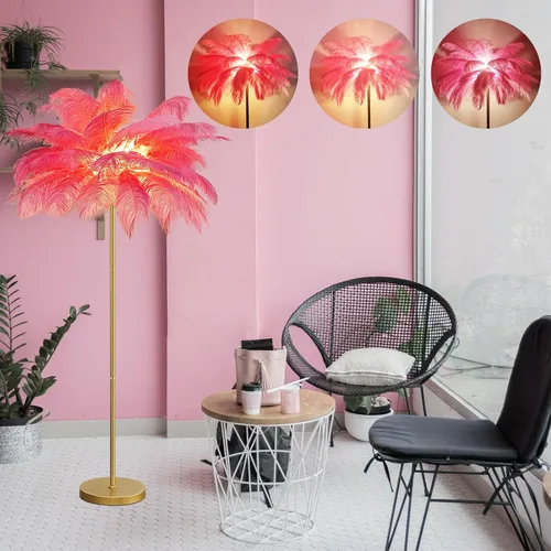 Vista 6 de Lámpara de pie de avestruz natural moderna para sala de estar, lámpara de pie LED con interruptor de pie, acabado dorado, elegante pantalla