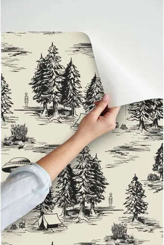 Vista 3 de Spoonflower Papel Tapiz Despegar y Pegar Muestra - OVNI Grande Negro Toile De Jouy Abducción Alienígena Espacio Acampada Papel Tapiz Removible