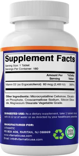 Vista 7 de Vitamatic Vitamina D2 60 mcg (2400 UI) - Ergocalciferol - 180 Tabletas Vegetarianas (180 Tabletas (Paquete de 1)) (2 Botellas)