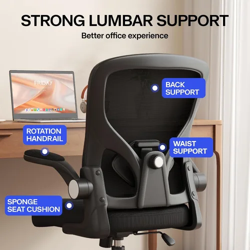 Vista 5 de Silla de oficina, silla de escritorio ergonómica con soporte lumbar ajustable, brazos abatibles, cómoda silla giratoria de malla para computadora