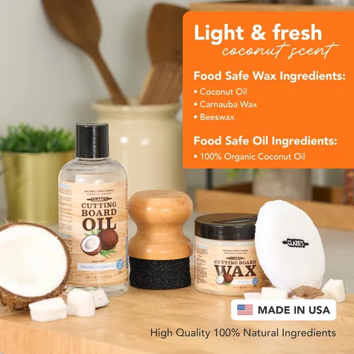 Vista 2 de CLARK'S Kit de acabado de aceite y cera para tabla de cortar de coco, fabricado con aceite de coco refinado, incluye aceite (12 onzas), cera