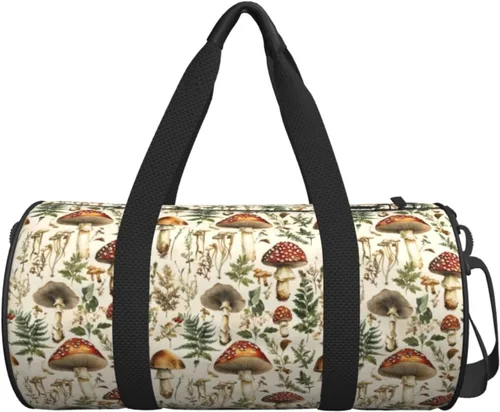 Vista 6 de Large Duffle Bag for Travel - Retro Mushroom Plants Print Gym Bag for Women Men, Travel Foldable Bags for Women Men with Zippered Multiple Pockets