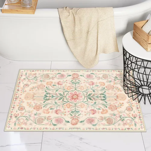 Vista 18 de Uphome Alfombra de baño bohemia con diseño floral beige, ultra suave, antideslizante, vintage, lavable a máquina, alfombra de baño floral para baño