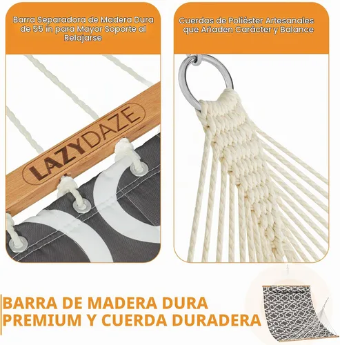 Vista 4 de Lazy Daze Hammocks Hamaca de tela acolchada de 12 pies con almohada suave, hamaca doble para 2 personas para árbol con barra separadora para Gris
