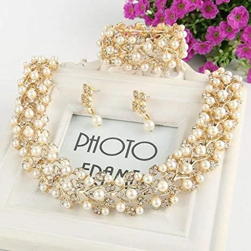 Vista 3 de EVER FAITH Austrian Crystal Bridal Cream Simulated Pearl Leaf Luxury Necklace Earrings Bracelet Set