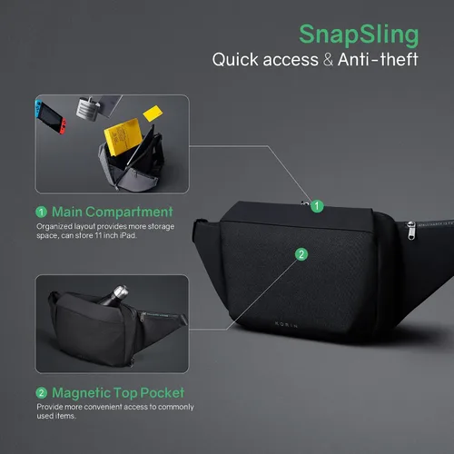 Vista 2 de KORIN Bolso bandolera anticorte para hombres y mujeres, impermeable, mochila cruzada para iPad 9.7 para viajes, deportes, senderismo, Negro