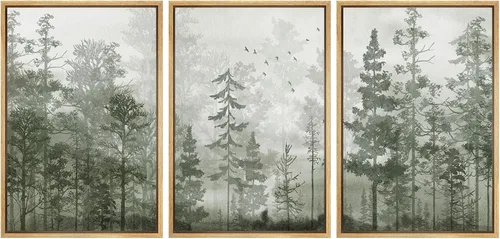 Vista 37 de MUDECOR Lienzo enmarcado para pared, juego de arte de acuarela pastel, bosque de pinos, naturaleza silvestre, ilustraciones modernas, decorativas